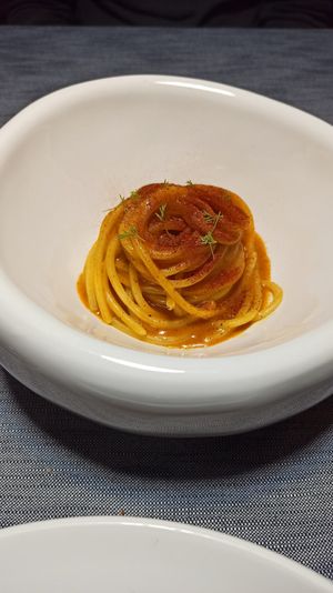 Spaghettone cacio, carota e crusco at Soul Kitchen - Creatività Vegetale in Turin
