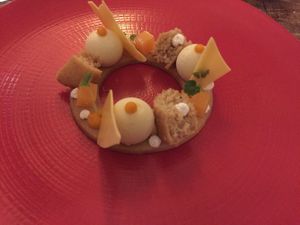 Amazing dessert—with slivers of white/orange chocolate at Soul Kitchen - Creatività Vegetale in Turin