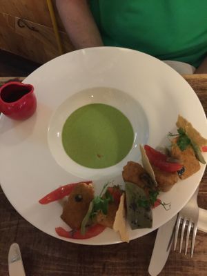 Deconstructed taco with a portion of mole sauce. Delicious! at Soul Kitchen - Creatività Vegetale in Turin