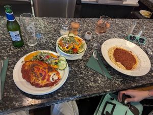 Vegan calzone, mixed salad and spaghetti napolitana at Mama's & Leonies in Sheffield