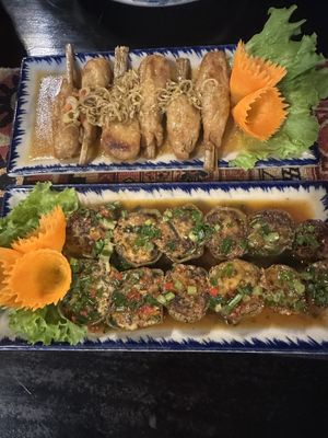 Fake Chicken with Lemongrass and stuffed eggplant  at Ha Giang Vegetarian Restaurant in Ha Giang