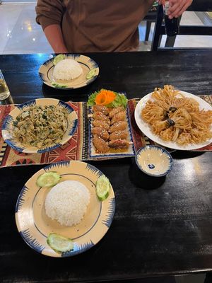 Grilled vegan beef with mac mat leaf, vegan ribs with sweat and sour sauce, fried mushrooms (from left to right) at Ha Giang Vegetarian Restaurant in Ha Giang