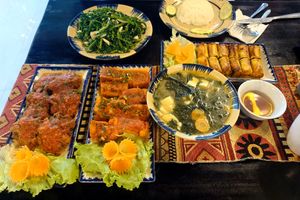 Seaweed cakes (really plant based, we asked), veggies, stuffed tofu, seaweed soup and fried spring roll at Ha Giang Vegetarian Restaurant in Ha Giang