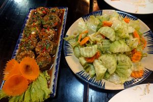 Stuffed eggplant and vegan salad at Ha Giang Vegetarian Restaurant in Ha Giang