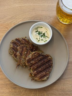 Czech rosti – three pieces of potato rosti, vegan sour cream at Anežka in Prague