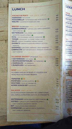 Lunch menu at Paviljoen De Walvis in West-terschelling