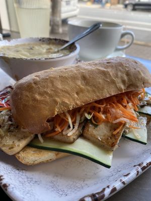 Tofu sandwich and potato soup!   at New Day Eatery in Port Angeles