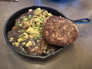 Vegan poutine with vegan sausage on side   at New Day Eatery in Port Angeles
