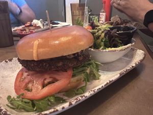 Mediterranean burger  at New Day Eatery in Port Angeles