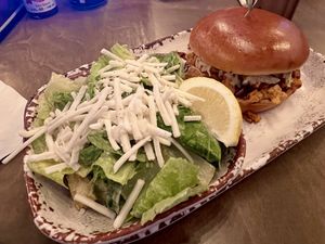Vegan BBQ chycken sandwich w/side Caesar   at New Day Eatery in Port Angeles