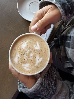 Salted brown butter toffee latte with oat milk  at New Day Eatery in Port Angeles