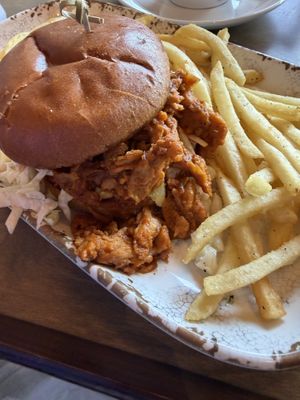 BBQ Chykn sandwich with fries  at New Day Eatery in Port Angeles