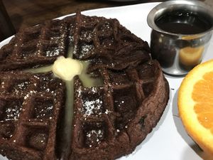 Vegan gluten free chocolate waffle at New Day Eatery in Port Angeles