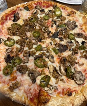 Vegan cheese, tempeh, mushroom, jalapeños   at Mellow Mushroom in Greenville