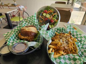Chili cheeseburger, ultimate fries, and mixed salad at Othello's in Woodland Hills