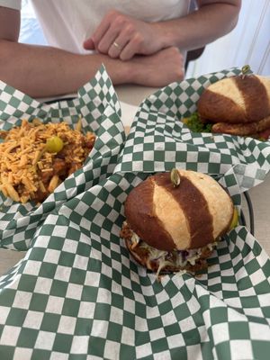 BBQ Pulled Pork, Chili cheese fries, and spicy chicken sandwich  at Othello's in Woodland Hills