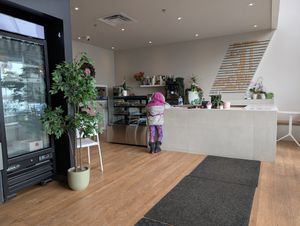The bright location with the take-out fridge and freezer on the left, counter in front and seats are on the right (not in the photo). at Chef Veganessa in Kirkland