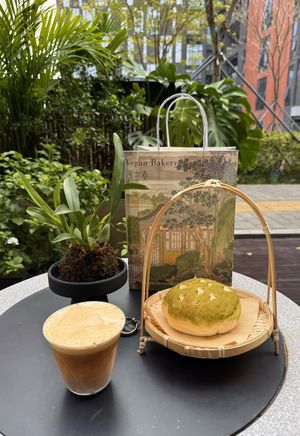 Vegan butter beer latte and warm durian bun  at Sù Shēngmài Vegan Bakery - 素生麦纯素烘焙 in Shenzhen