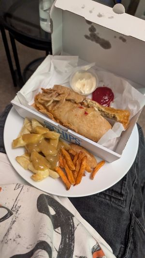 banana blossom 'fish' & chips & sweet potato fries at Seabird Fish & Chips in Bournemouth