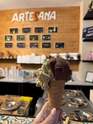 Cone "grande" (3rd biggest, out of 4 sizes) - I chose dark chocolate and pistachio at ArteSana Gelat in Valencia