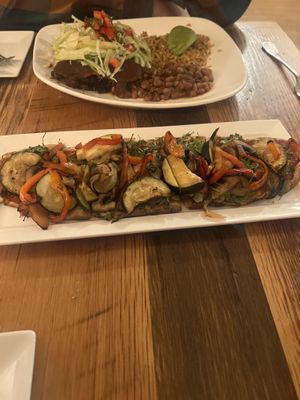 Flat bread pizza and dinner enchiladas  at The Stanford Inn by the Sea in Mendocino