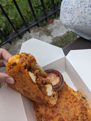 Vegan chick'n quesadilla with sauce at Chef Richie Deli in Hudson