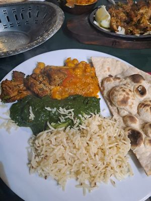 Channa masala, saag aloo, roti, rice, mock duck at Fern's Curry Sushi & Indo Chinese Wok in 