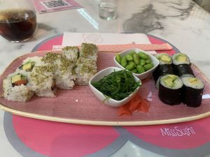 Vegan combo (8 california, 6 avocado maki, edamame and seaweed salad)   at Miss Sushi - Soho in Malaga