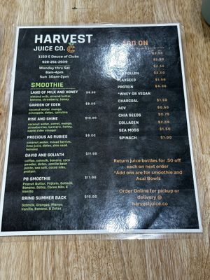 Menu  at Harvest Juice Co in Show Low