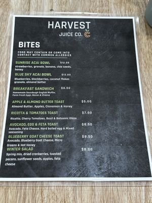 Menu  at Harvest Juice Co in Show Low