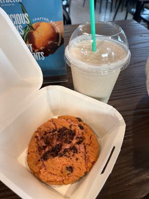 In house made Strawberry chocolate Cookie and Hershey Vanilla Oatmilk Milkshake!   at Bloom Kitchen & Co in Oxford