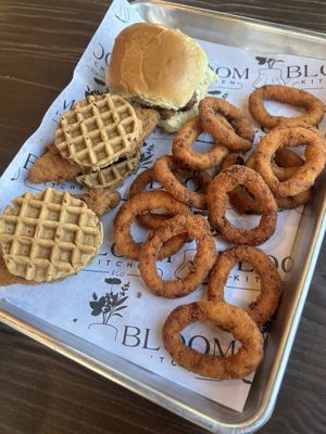 Sliders (chick'n & waffle, meatball) with onion rings at Bloom Kitchen & Co in Oxford