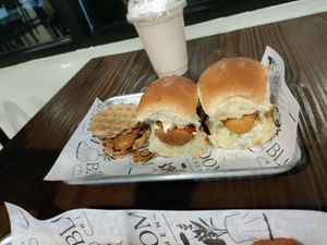 3 sliders for $15. Waffle and chikin, buffalo chikin and fish fillet. at Bloom Kitchen & Co in Oxford