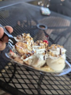 Banana "split" with chocolate, vanilla, and strawberry oat milk ice cream, non-dairy whipped cream and chocolate syrup at Bootlegger's Roadside Ice Cream in Vonore