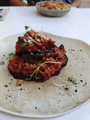 Vegan moussaka with heura at La Capella in Sabadell