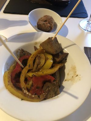 Pincho de seitán y croqueta de setas at La Capella in Sabadell