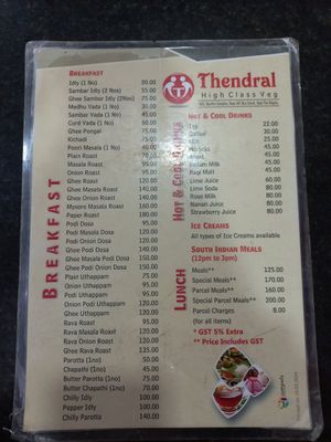 Breakfast, Beverage, and Lunch Meals at Thendral Restaurant in Ooty