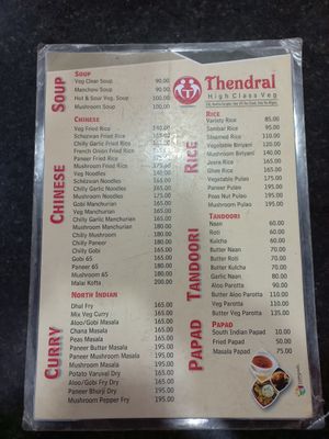 Soups, Chinese dishes, Curries, Tandoori, and Rice Menu at Thendral Restaurant in Ooty