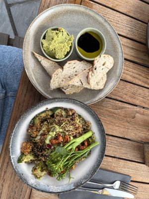 Sourdough with houmous and an olive oil/balsamic reduction & Superfood Salad.   at The Ashford Arms in Bakewell