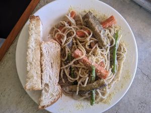 Green pesto spaghetti at Grains Plant-based Cafe in Puerto Princesa