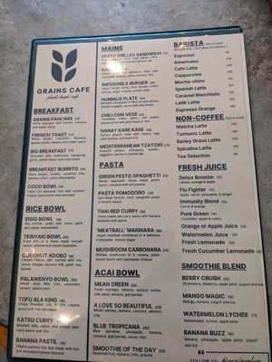 The menu at Grains Plant-based Cafe in Puerto Princesa