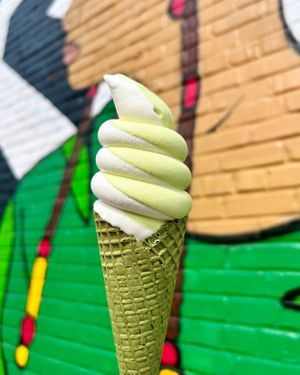 Vanilla/pistachio swirl in a match green tea cone  at Aiskrimu Ice Cream Bar in Atlanta