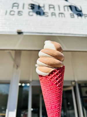 Vanilla/chocolate swirl in a red velvet cone at Aiskrimu Ice Cream Bar in Atlanta