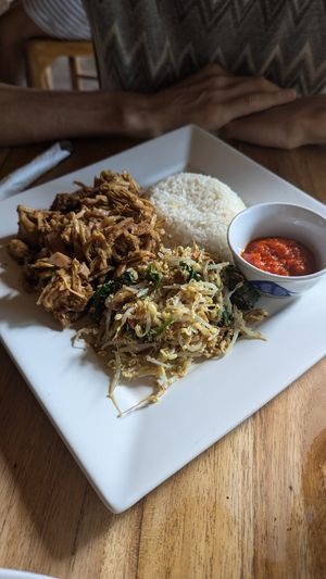 Jackfruit rendang with urab, rice and sambal at Warung Agung Amed in Abang