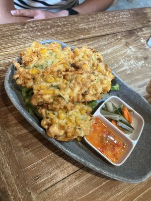 Corn fritters (ask without egg) GF option also available  at Warung Agung Amed in Abang