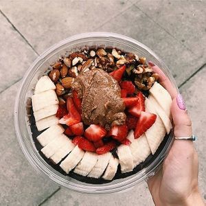 ACAI PROTEIN BOWL – Amazonian Acai, vanilla protein, banana, strawberries, almonds, walnuts & almond butter. at Juice Crafters in Pacific Palisades