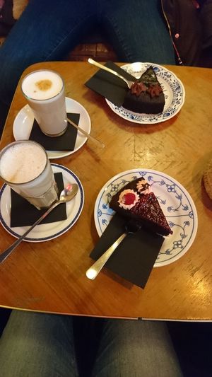 Chocolate Cake and Chocolate fruits cake. Latte Macchiato and Chai latte with oat milk. All vegan 👌🏼 at 19:77 - VEGAN:DINER+BAR, Home of RAMONES MUSEUM in Berlin