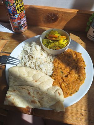 Pop up kitchen - Tarka dahl with vegan naan, rice, pickled cabbage and carrot salad at Bruhaha in Bristol