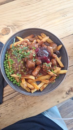 Pop up kitchen - Vegan swedish veggie balls, gravy, peas, lingonberry jam, and chips at Bruhaha in Bristol
