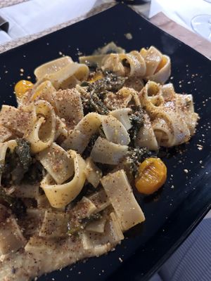 Calamarata su macco di ceci con pomodorini giallo e salicornia  at La Nuova Campana in Castellammare Del Golfo